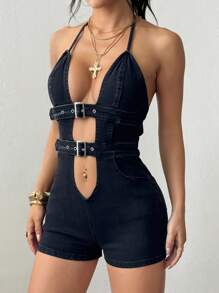 SHEIN ICON Sexy Hollow Out Washed Denim Romper