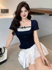 DAZY Women Casual Contrast Bowknot Short Sleeve T-Shirt, Cute Top