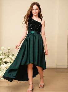 SHEIN Tween Girls Solid Color Asymmetric Neckline Glitter Patchwork Asymmetrical Formal Dress, Perfect For Performances, Weddings, Flower Girls, Parties And Birthday Celebrations - Green - View 5
