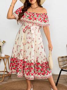 SHEIN Clasi Große Größen Midi-Kleid mit Blume Muster, Off-Shoulder und Rüschenbesatz für Damen, bequemes leichtes Material, Lässig Resort Stil, elegant romantisch, Frühling/Sommer - Verschiedenfarbig - Übersicht 3