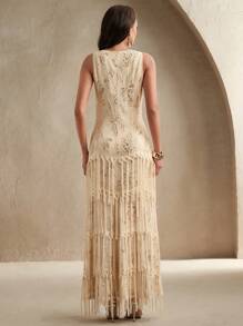 Anewsta 女士优雅浪漫刺绣流苏鱼尾纹理连衣裙，适合鸡尾酒会、约会、春夏季 - 杏色 - 查看 2