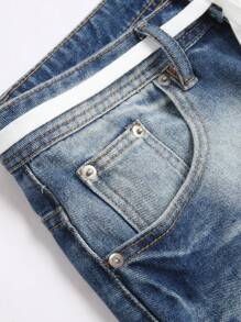 Manfinity LEGND Pantalones cortos de mezclilla con efecto desteñido, bloque de color, bolsillo, borde deshilachado y cordón en la cintura para hombres