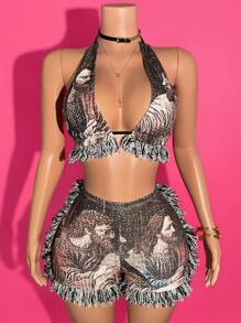 Slaydiva 2025 New Arrival Casual& Vacation Style 2pcs Plus Size Women Set - Personalized Print Sleeveless Crop Top With Tassels Hem & Matching Shorts Y2k Two Pieces Set Women's Two Pieces Set Club Y2k Two Pieces Set Women Two Pieces Set Festival Two Pieces Outfit Club Two Pieces Set Fringe Two Pieces Set - Multicolor - View 4