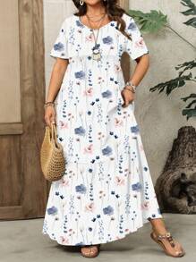 EMERY ROSE Große Größen Boho weißes Sommerurlaubskleid, Ditsy-Blumenmuster Kurzarm lässiges lockeres langes Kleid, Strandkleid für Frauen Urlaubsoutfits - Verschiedenfarbig - Übersicht 1