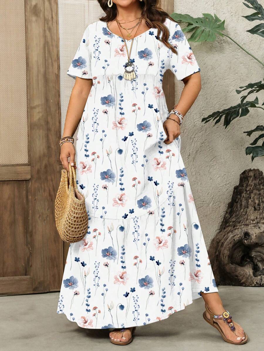 EMERY ROSE Große Größen Boho weißes Sommerurlaubskleid, Ditsy-Blumenmuster Kurzarm lässiges lockeres langes Kleid, Strandkleid für Frauen Urlaubsoutfits - Verschiedenfarbig - Übersicht 1