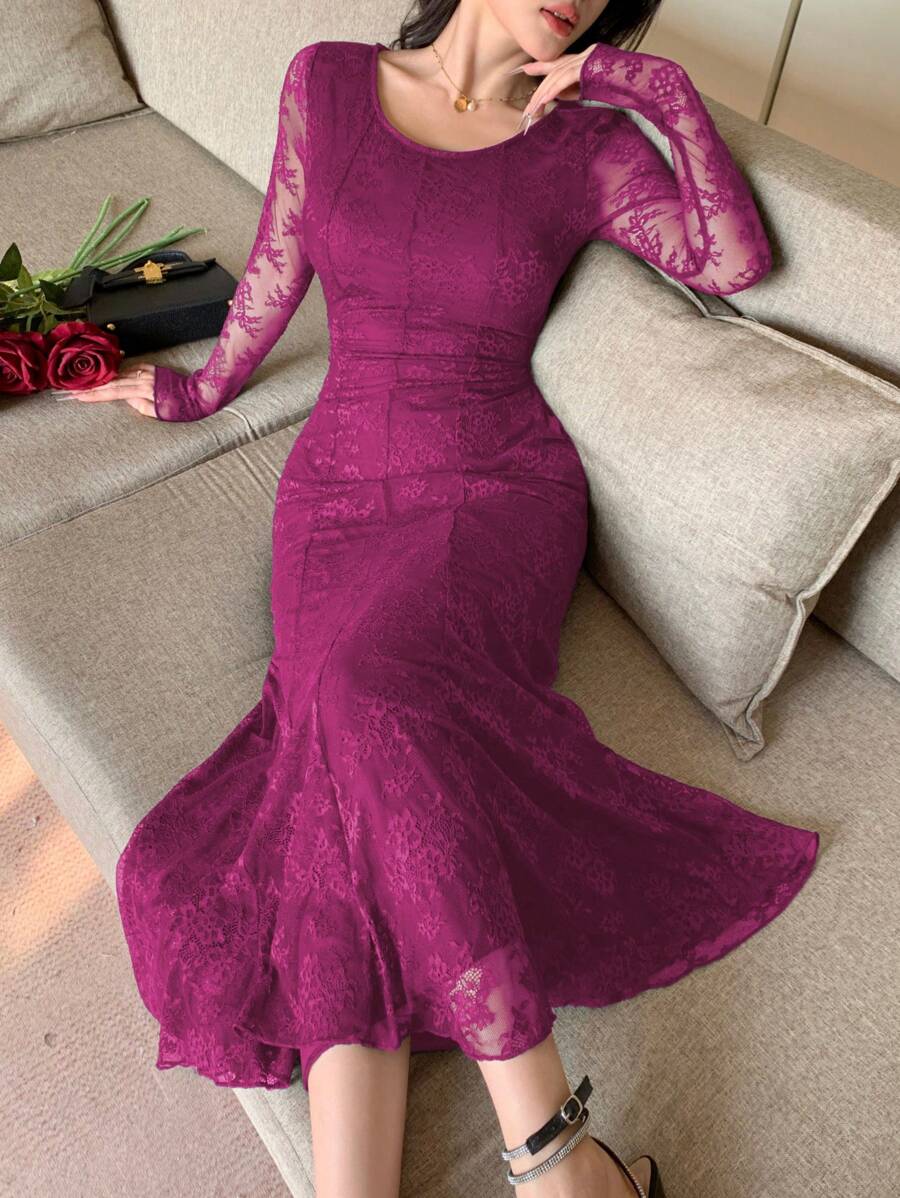 Modelyn Women Elegant Sexy V-Neck Ruched Waist Fishtail Hem Lace Dress Fall Cloth For Women