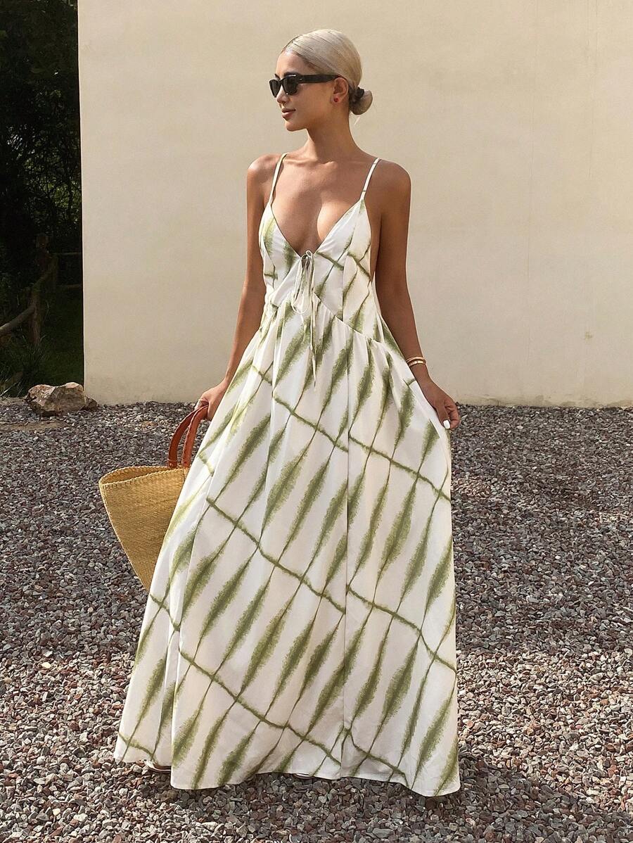 Livesso 女士全印花吊带连衣裙，适合度假邮轮旅行，也可作为女士长款连衣裙穿着。 - 綠色 - 查看 1