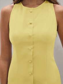 COSMINA Vestido casual de verano de mujer de mini longitud, de un solo botón, cuello redondo y sin mangas, de unicolor - Amarillo - Ver 7
