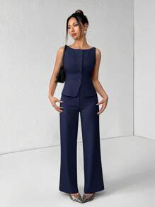 SHEIN PETITE Women's Solid Color Round Neck Single-Breasted Vest And Pants Elegant Commuter Suit, Summer Fall Women Clothes Women Set Office Wear Business Casual Women Two Pieces Outfits Fall Women Office Wear Women Set Women Blazers Set Office Outfits For Women Business Women Attire Professional Women Clothes