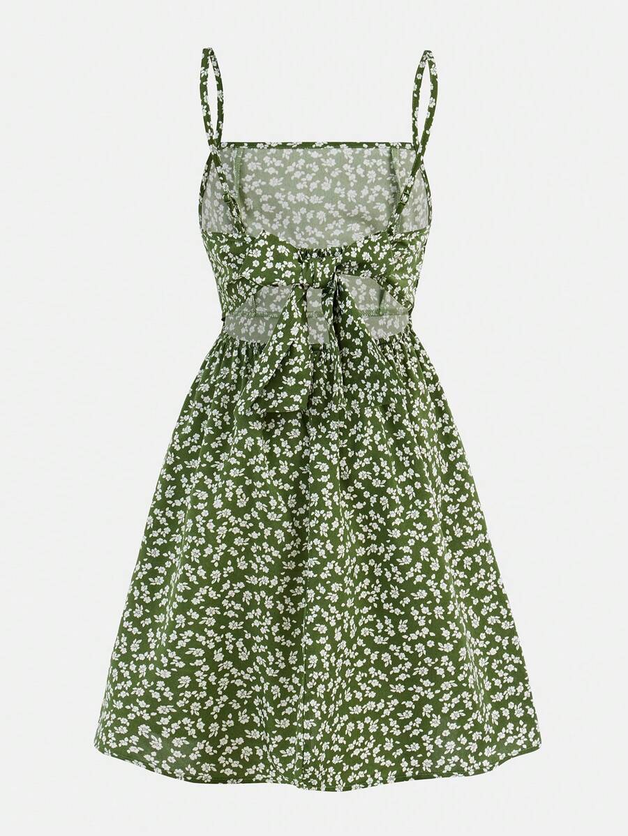 SHEIN Girlism Tween Girl Vacation Ditsy Floral Backless Big Butterfly Cutout Strap Sundress - Green - View 1