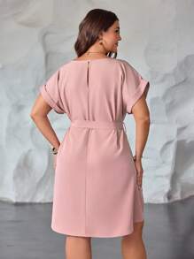 SHEIN Clasi Vestido rosa de talla grande para mujer, de viscosa, de cuello redondo, de manga corta, con cintura con lazada y estilo informal para primavera/verano - Rosa vieja - Ver 2