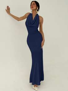 Aloruh Vestido de dama minimalista de cuello alto ajustado con forma de H sin espalda para ir al trabajo