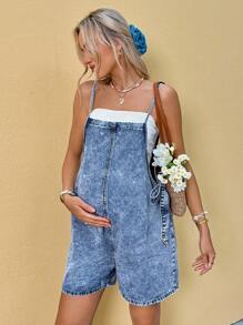 SHEIN Maternity Blue Denim Overalls With Straps And Jumpsuit,Summer Tops / Summer Outfits For Women / Summer Clothes Mother's Day,4th Of July,Beach Outfits For Woman,Blue,Beach Outfits For Maternity,Summer/Summer Outfits For Women, Suitable For Parties, Holidays, Dates, Valentine's Day, Afternoon Tea, Suitable For Summer,Spring Summer Vacation Beach Outfits Fashion Outfits,Mother Day/Mom/Mother/ Mommy/Mother's Day/Mama/Mum/Mother's Day Gift ﻿ - Blue - View 5