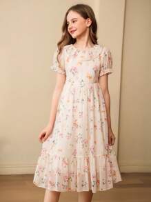SHEIN Girls' Elegant Lady Round Neck Puff Sleeve Flounced Waist Midi Floral Print Chiffon Dress - Apricot - View 8
