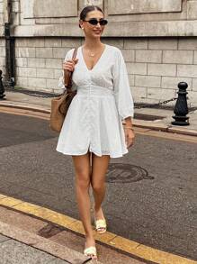 Chiquease Rochie de vacanță scurtă și elegantă, cu decolteu în V, cu broderie goală, casual