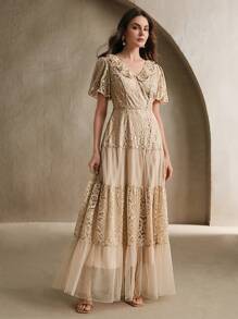Anewsta Women Lace Mesh Splice Long Dress, Spring And Summer, Suitable For Party - Apricot - View 6