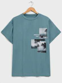 RueChic Men's Casual Round Neck Short Sleeve Letter & Palm Tree Print T-Shirt, Summertime - Army Green - View 1