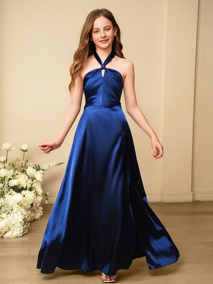 SHEIN 婚礼季女童高端修身露背亮缎连衣裙，适合舞会、婚礼、生日派对、圣诞节、万圣节、感恩节