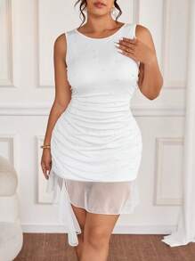 Elenzga White Crew Neck Sleeveless Bubble Pearl Fitted Elegant Dress For Women - White - View 4