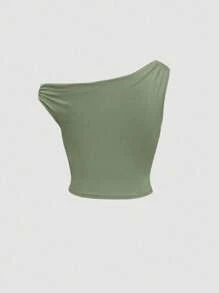 Sweetra 不对称下摆合身百搭背心，适合春夏季节 - 軍綠色 - 查看 2