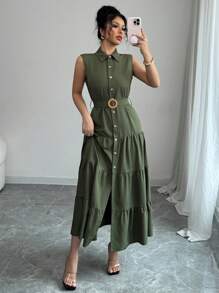 SHEIN PETITE Robe d'été décontractée pour femmes, couleur unie, sans manches, avec boutons - Militaire verte - Voir 4