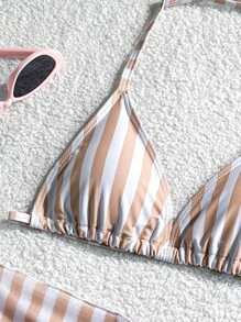 Conjunto de traje de baño de niña preadolescente con estampado de rayas y escote de halter
