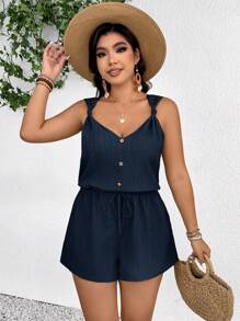 SHEIN Frenchy Mono de verano para mujer de talla grande de unicolor con cuello en V, botones y espalda descubierta - Azul Marino - Ver 4