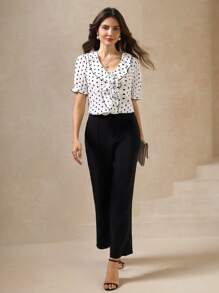 Amorya Damska koszula w kropki, z blokami kolorów, rękawami bąbelkowymi, falbankami z czarnym brzegiem i listwą na guziki