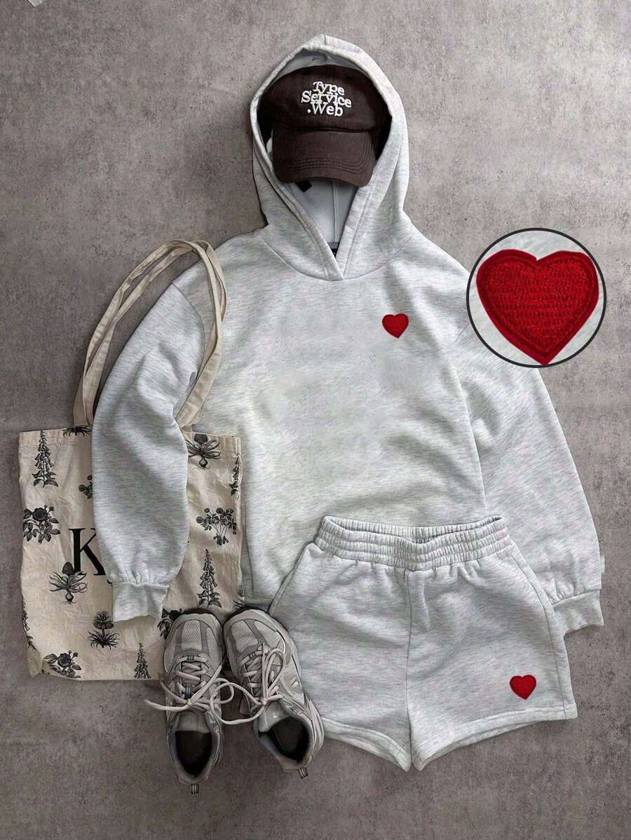 Attitoon Casual Minimalist Versatile Heart Embroidery Graphic Loose Short Hoodie Sweatshirt + Hoodie Set, Perfect For Spring Break, Girls Trip Back To School Fall And Winter Clothing