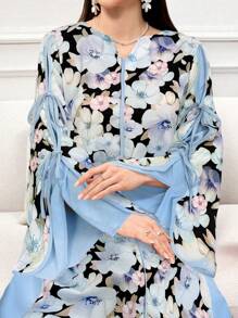 Al Najma 女士花卉印花缺口领优雅长袖阿巴雅连衣裙，端庄 - 藍色 - 查看 4