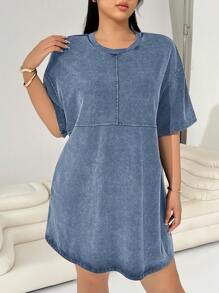 SHEIN EZwear 蓝色短袖圆领休闲大码连衣裙 - 藍色 - 查看 2
