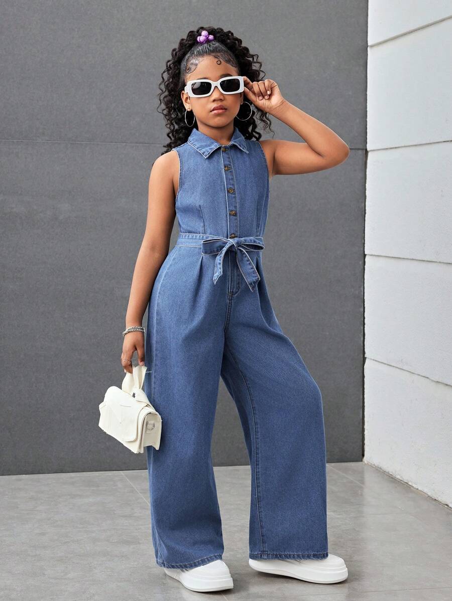 Macacão Denim Folgado com Laço Torcido na Cintura e Gola Alta para Meninas Pré-Adolescentes, Primavera Verão, Shorts Boho de Praia de Verão para Meninas, Looks Casuais de Verão para Festivais e Concertos, Looks de Verão para Brunch, Igreja e Formatura para Meninas, Looks Streetwear de Volta às Aulas