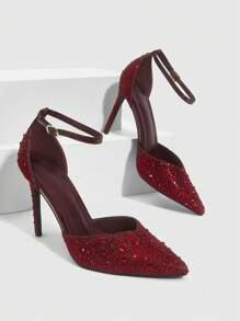 CUCCOO SZL Fashionable Women's Pointed Toe Glitter High Heels For Christmas Spring Shoes - Burgundy - View 6