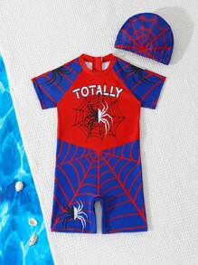 SHEIN GraphicGems Young BoySpider Design Beach Swimsuit For Summer - Red - View 5