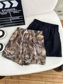 SHEIN 2pcs Kids Boys Casual Camo Shorts & T-Shirt Set, Comfortable, Versatile Black Cargo Shorts, Suitable For Daily Wear, School, Outdoor, Sports, Spring/Summer/Fall - Multicolor - View 4