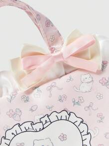 ROMWE Kawaii Borsa portatrucchi portatile di grandi dimensioni, con motivi carini da ragazza in pizzo bianco, quadretti rosa e fiocchi