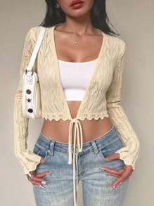 Breezaya 2025夏季假日风格V领长袖镂空蝴蝶结系带轻薄开衫外套 - 米色 - 查看 1