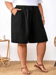 SHEIN CURVE+ Plus Size Women's Black Drawstring Waist Pockets Casual Country Linen Summer Shorts, Spring Vacation Summer/Country/Beach