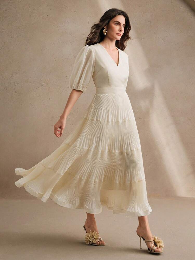 New Puff Sleeve Ruched V Neck Elastic Cinched Waist Dress