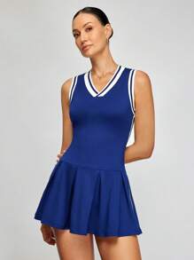 Activina Women Striped V-Neck Pleated Short Casual Sleeveless Sports Dress With Leggings For Daily Wear & Tennis Dressathletic Dress - Navy Blue - View 1