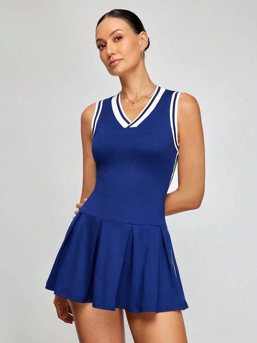 Activina Women Striped V-Neck Pleated Short Casual Sleeveless Sports Dress With Leggings For Daily Wear & Tennis Dressathletic Dress - Navy Blue - View 1