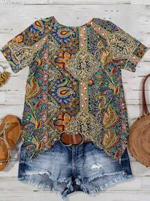 SHEIN PETITE Blusa casual de mujer con cuello redondo, mangas con volantes y estampado retro bohemio, para primavera/verano - Multicolor - Ver 2