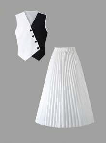 SHEIN 2pcs Teen Girls Contrast Color Single-Breasted Vest And Pleated Skirt Casual Outfit - Black and White - View 3