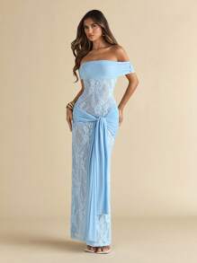 SHEIN BAE 夏季女式露肩蕾丝透视腰侧系带长裙/女士度假装/女士夏季连衣裙/女士沙滩装/蓝色连衣裙 - 藍色 - 查看 1
