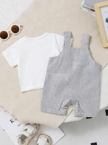 SHEIN Bộ 2 món áo sơ sinh cổ tròn tay ngắn có nút bấm phía trước màu trắng & quần yếm trùm đầu thêu sọc tai, thời trang dễ thương cho gia đình, trang phục hàng ngày, hoạt động ngoài trời - Nhiều màu - Xem 2