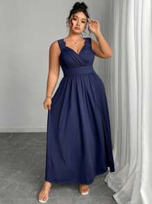 Elenzga Đầm dài cỡ lớn cổ chữ V phối ren tương phản, dây mảnh, xẻ tà xòe, ôm dáng, thích hợp cho nữ, đầm sinh nhật nữ, đầm thường ngày nữ, đầm chống nắng cỡ lớn nữ, quần áo sinh nhật nữ. - Màu xanh hải quân - Xem 7