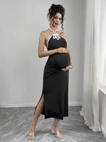 SHEIN Vestido de premamá sin mangas con cuello de halter, abertura en color en bloque, tirantes finos y espalda abierta - Negro - Ver 5