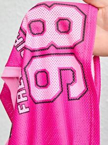 年轻女孩V领针织数字图案休闲短款T恤 - 玫紅色 - 查看 7