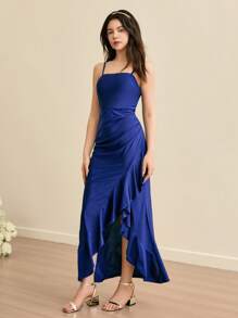 SHEIN Teen Girls Navy Blue Asymmetrical Off Shoulder Backless Split Slim Halter Ruffles Homecoming Dresses,Suitable For Birthday Party, Masquerade Ball, Party, Holiday Celebration, Stage Performance Christmas Dresses,Halloween Dresses,Thanksgiving Dresses,Party Prom Dress, Plain Dresses