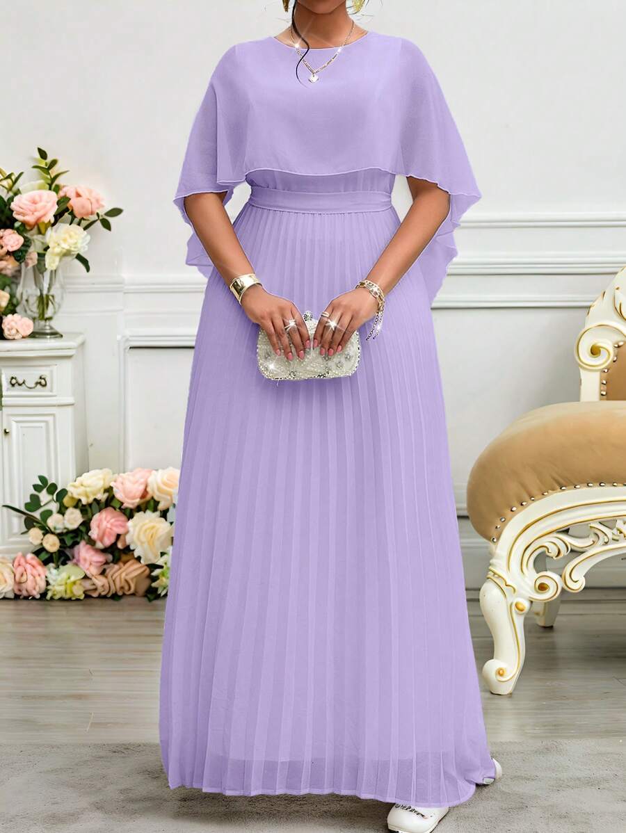 SHEIN Lady Vestidos elegantes para mujer de talla grande con cuello redondo, manga de tres cuartos con pliegues, cierre de cordón y detalles de encaje en tejido de gasa, ideales para la oficina, fiestas, bodas, cocteles, conciertos y festivales de música, en un estilo elegante y clásico, perfectos para la primavera y el verano.